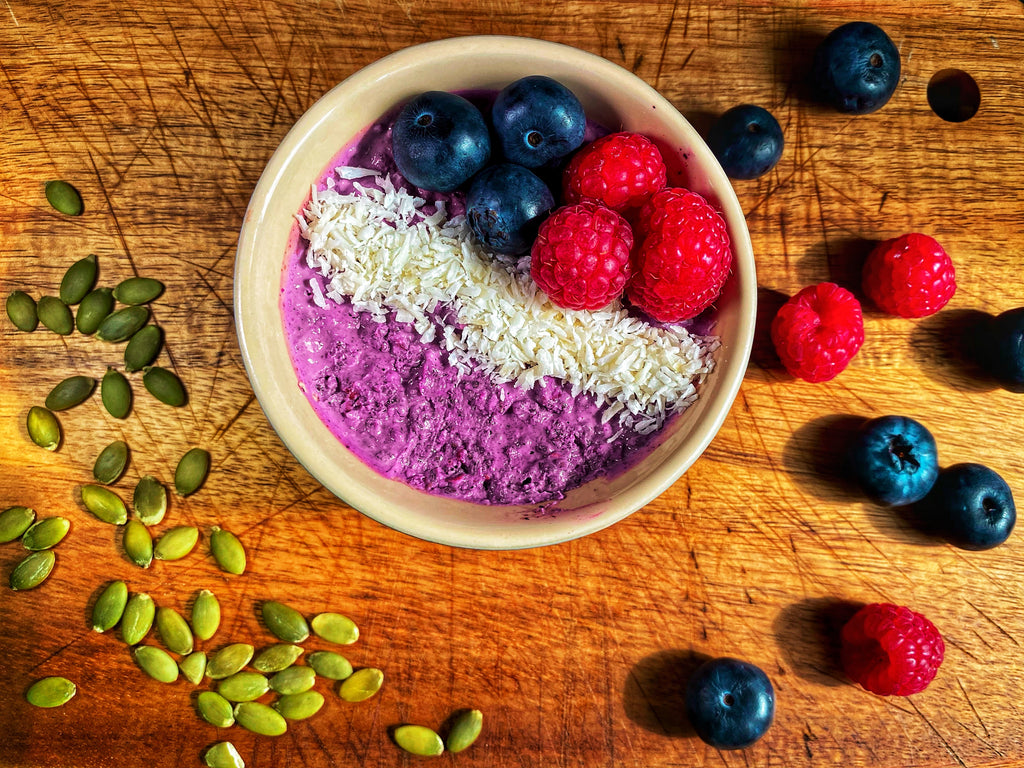 Raw Oats, Chia Seed and Haskapa breakfast bowl