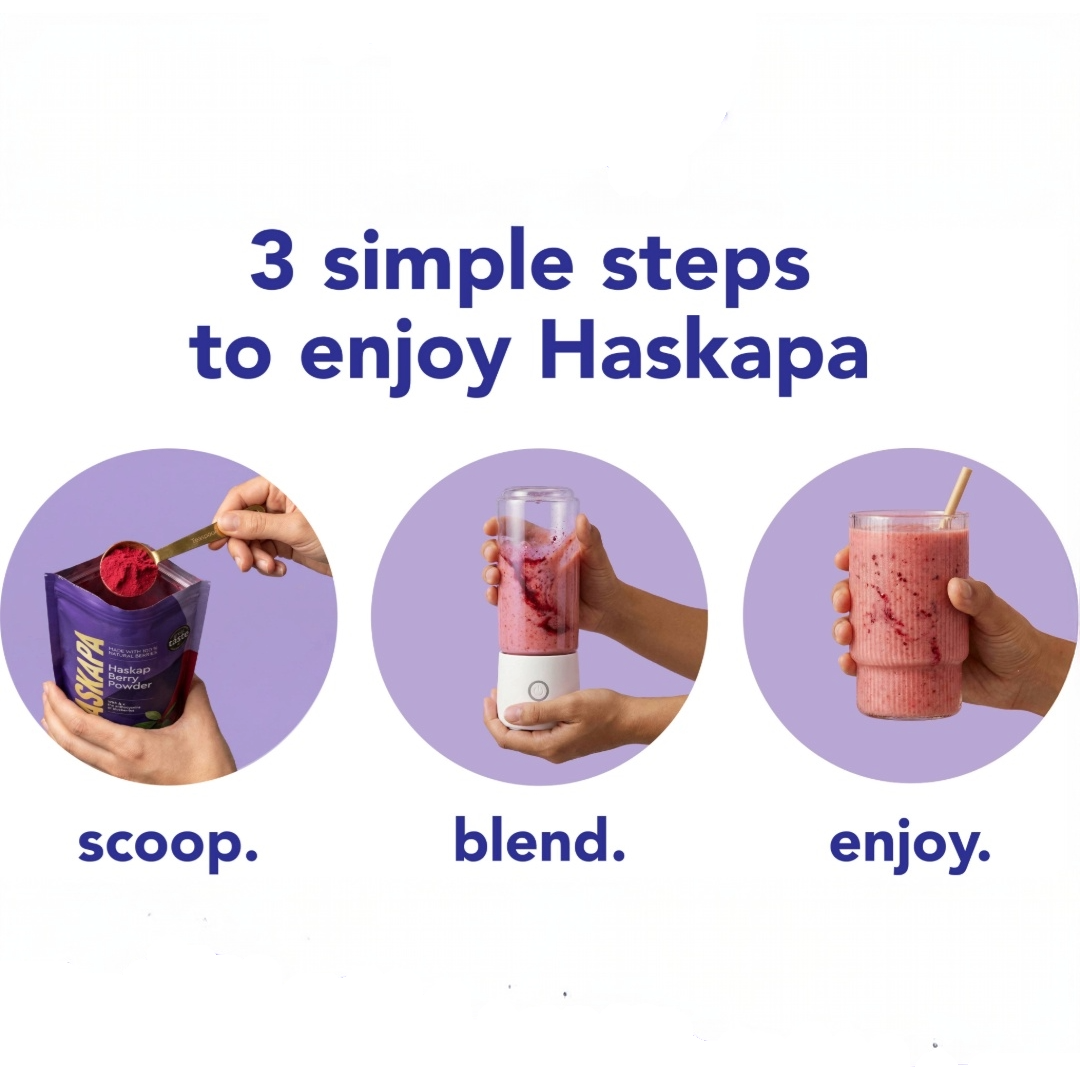 Three steps to enjoy Haskapa: scoop, blend, enjoy, with a purple background.