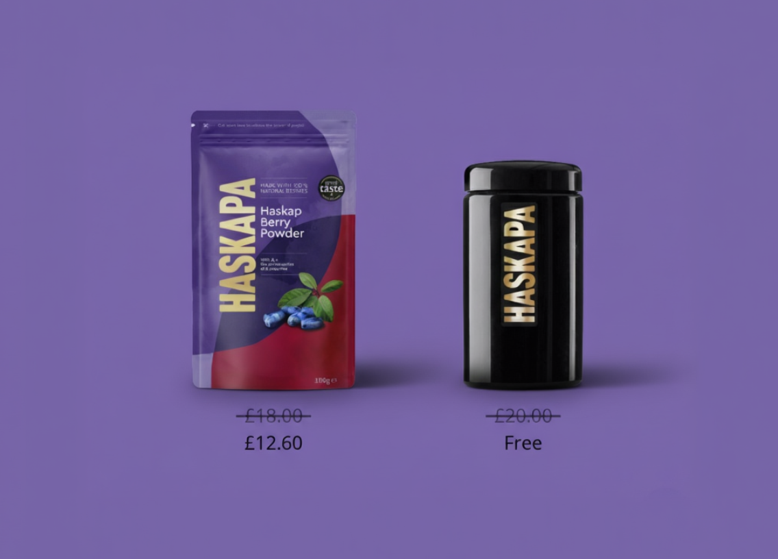 Haskapa Haskap Berry Powder packaging and black container on a purple background with text 'Transform your daily routine'.