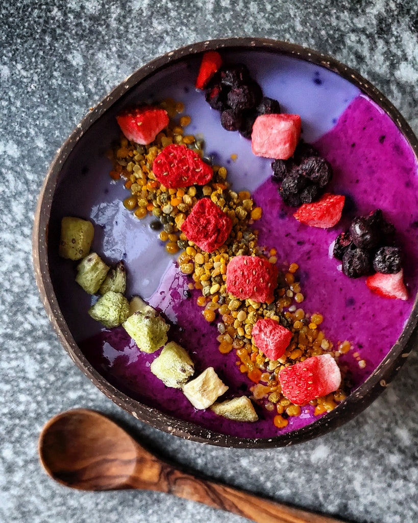 A colourful fruit breakfast bowl made using Haskapa