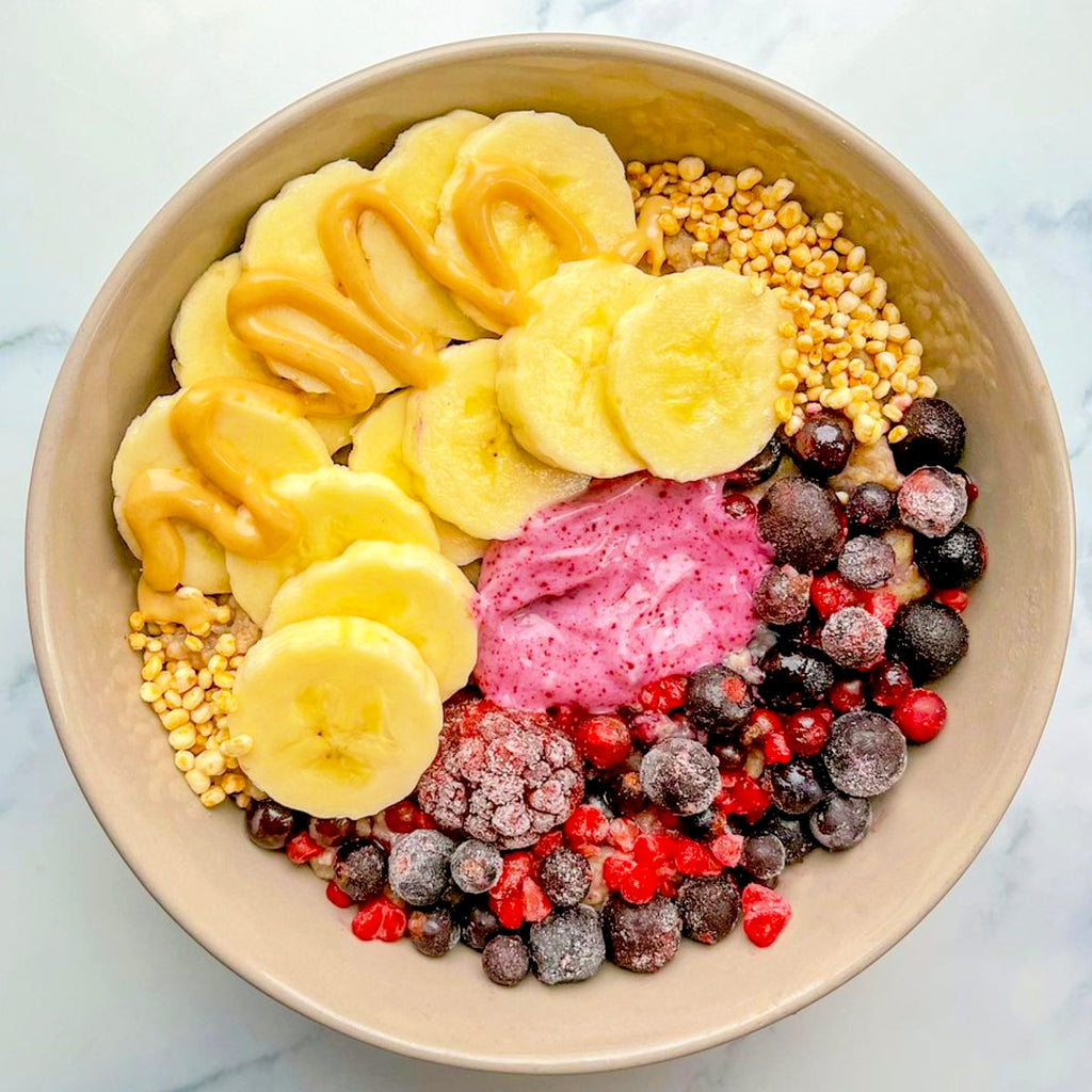 A colourful fruit breakfast bowl made using Haskapa