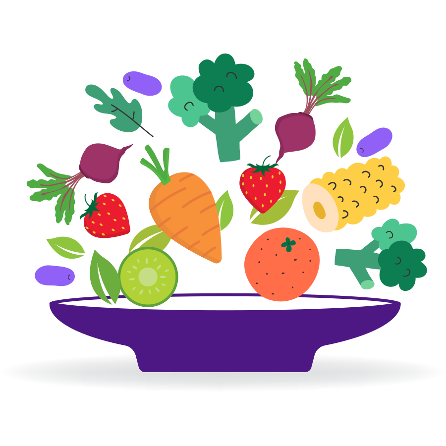 An illustration of colourful fruit and vegetables that symbolise eating the rainbow.